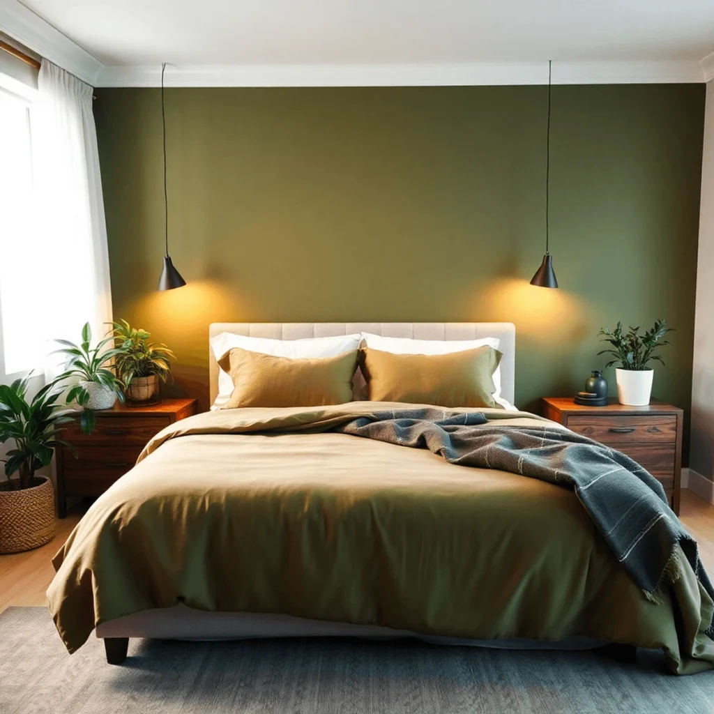 Cozy bedroom featuring an olive green duvet with neutral-toned pillows, a soft knitted throw, warm lighting, and wooden furniture, creating a serene and inviting atmosphere.