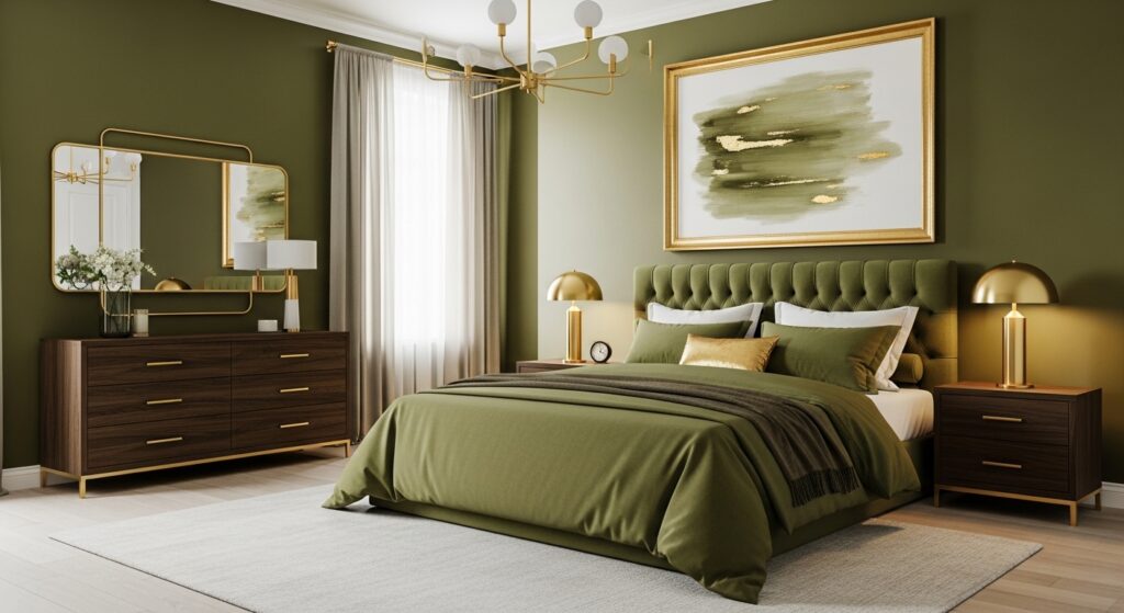  olive green bedroom with gold accents