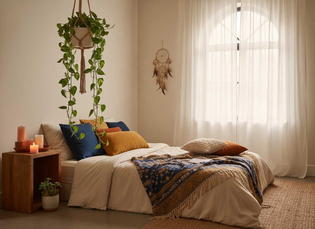 Pothos in bohemian bedroom decor