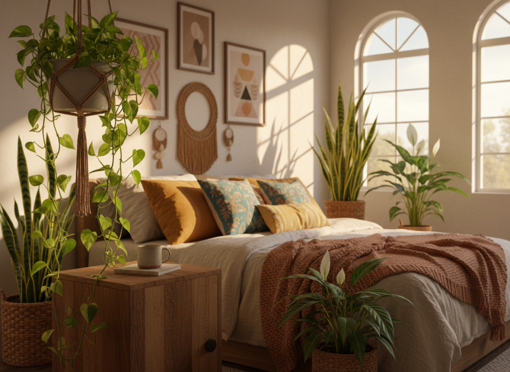 bohemian bedroom greenery