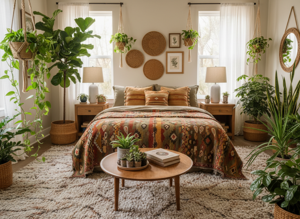 boho bedroom design with plants