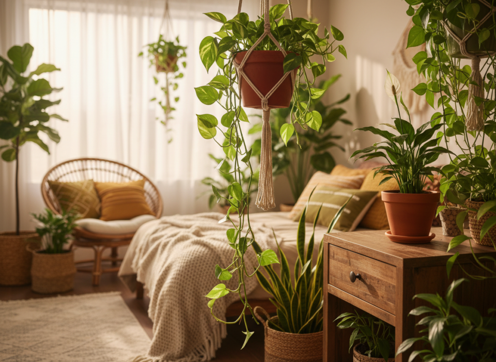 boho bedroom plant care
