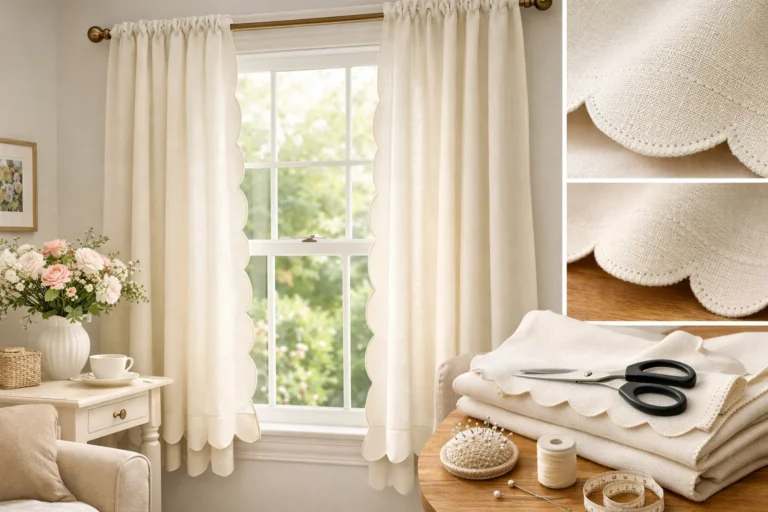 DIY scalloped edge curtains in soft linen fabric hanging in a bright living room window with sewing tools displayed for a home decor project.