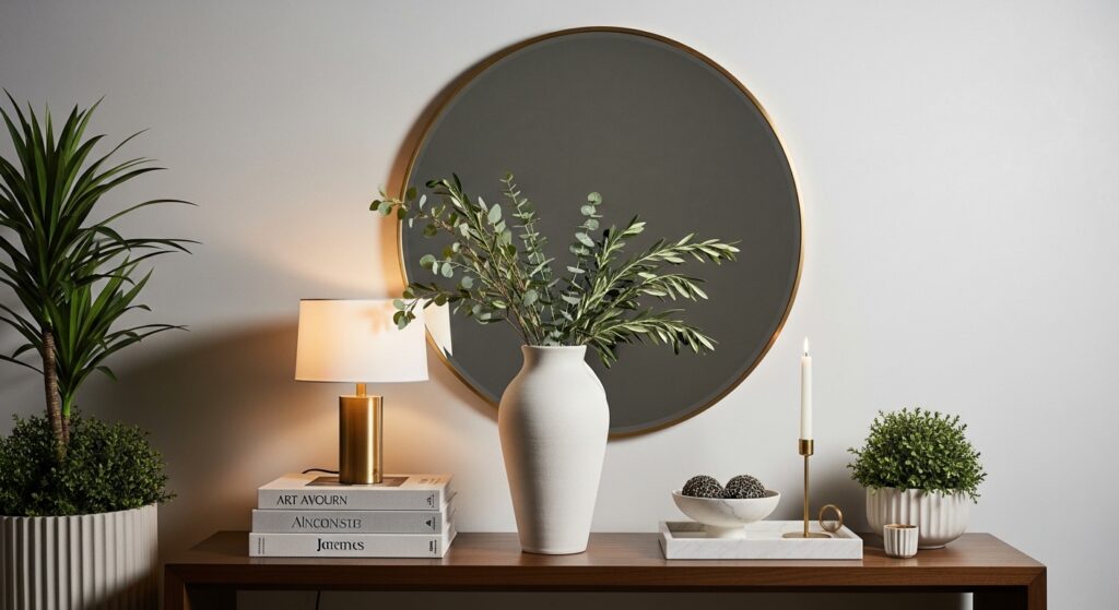 Modern entryway table decor featuring a large round gold-rimmed mirror, a white ceramic vase with eucalyptus branches, a gold table lamp on stacked books, and minimalist decorative accessories on a wooden console