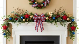 4th July patriotic mantel decor with red, white, and blue garland, stars, and ribbon bow on white fireplace
