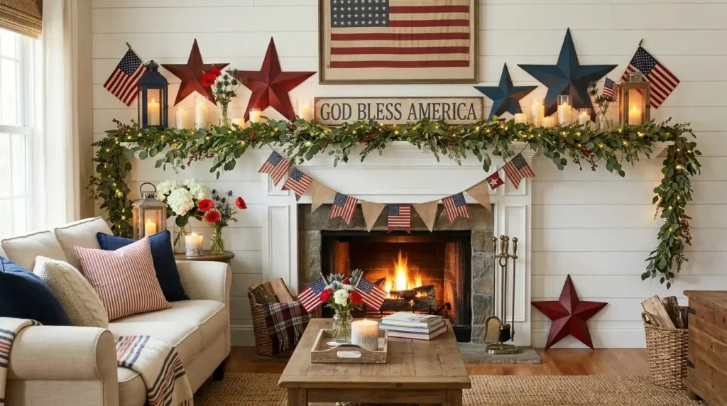 4th July patriotic mantel decor cozy complete living room with red white blue accents, candles, greenery, American flags and warm fireplace