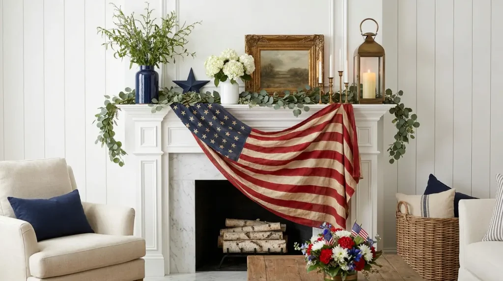 4th July patriotic mantel decor with draped American flag, vintage landscape painting, brass lantern, navy vases, white hydrangeas and greenery garland on white marble fireplace