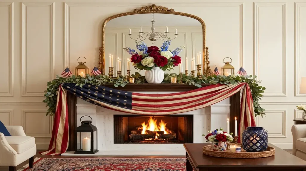 4th July patriotic mantel decor with glowing candles, gold arched mirror, draped American flag bunting, red white blue floral arrangement and brass candlesticks on white fireplace