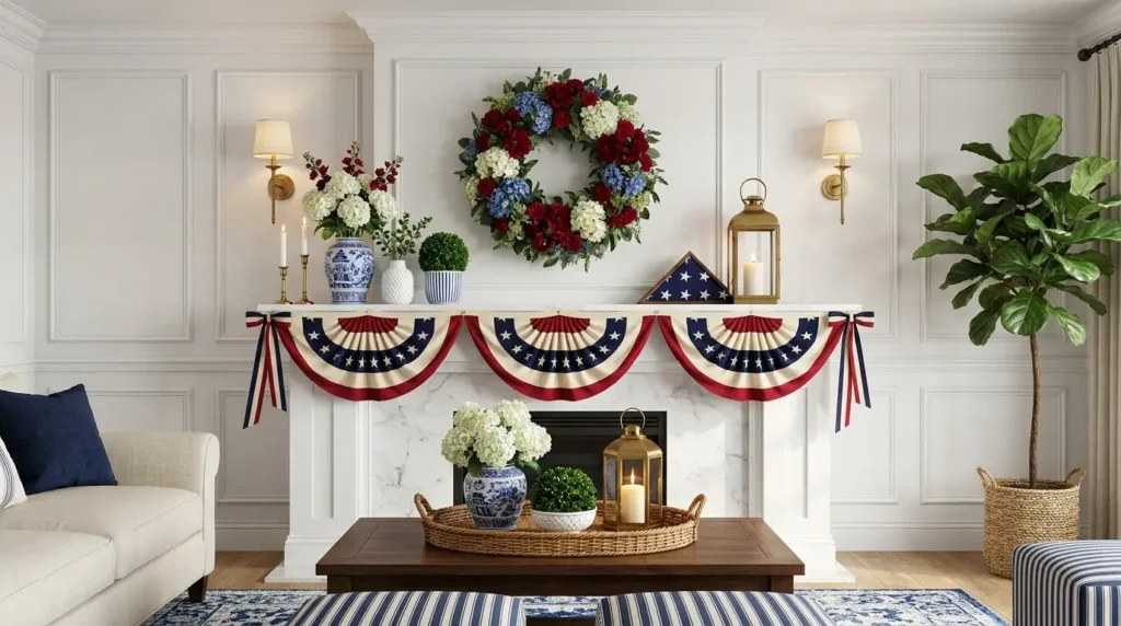 4th July patriotic mantel decor with large red white blue floral wreath, draped star bunting, chinoiserie vases, brass lantern, gold candlesticks on elegant white marble fireplace