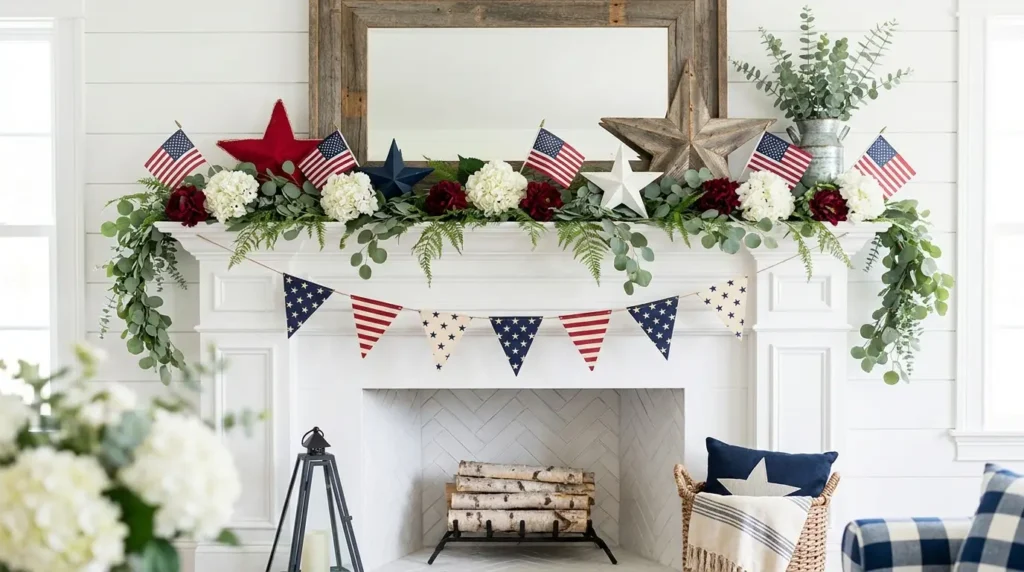 4th July patriotic mantel decor with lush eucalyptus garland, mixed barn stars, white hydrangeas, red flowers, American flags and pennant bunting on white fireplace with wood mirror