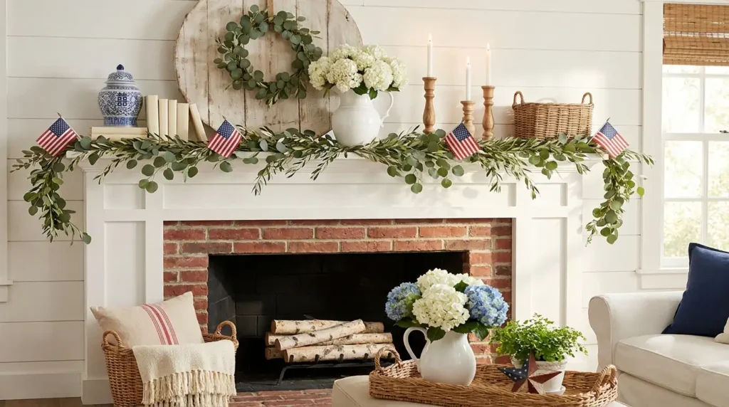 4th July patriotic mantel decor with American flags, white hydrangeas, green garland, rustic wood wreath, and wicker baskets on white brick fireplace