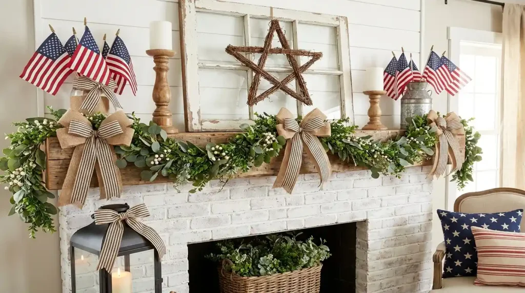 4th July patriotic mantel decor with rustic twig star, burlap ticking stripe bows, lush greenery garland, American flags, and white pillar candles on farmhouse brick fireplace