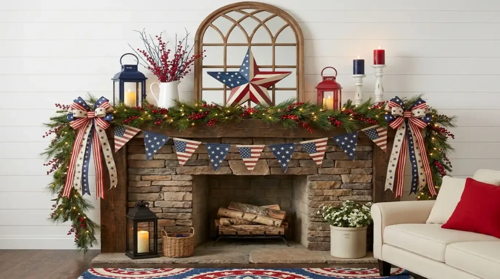 4th July patriotic mantel decor with American flag star, bunting banner, red white blue ribbon bows, lush garland, lanterns and candlesticks on stone fireplace