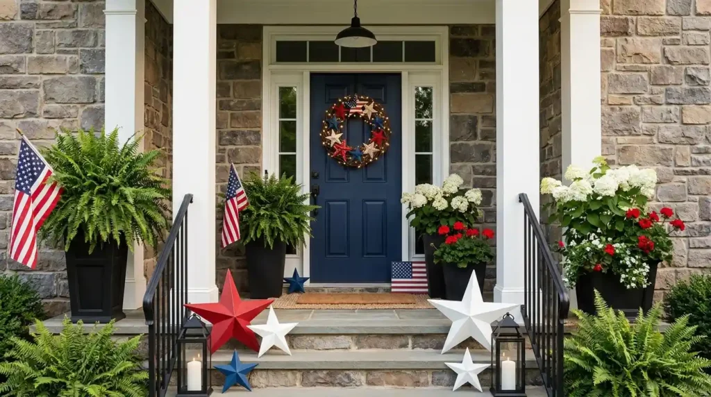 4th July patriotic front door decor with star wreath, red white blue barn stars, black lanterns, American flag, and white hydrangeas on stone porch steps