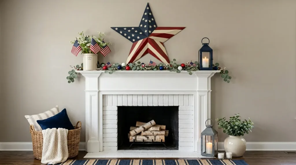 4th July patriotic mantel decor with oversized red white blue American flag barn star, eucalyptus garland, navy lantern, antique crock with flags and wicker basket on white fireplace