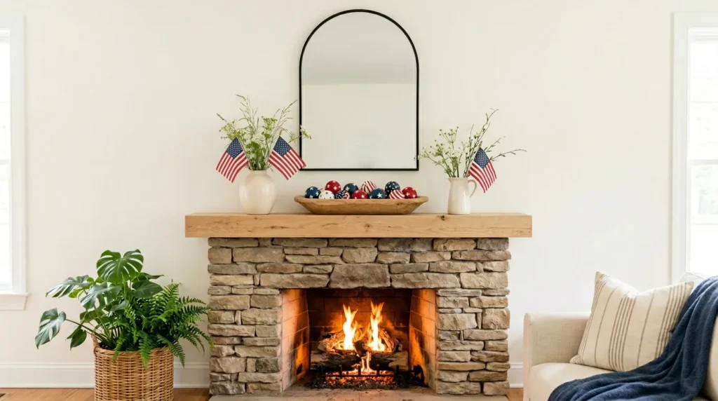 4th July patriotic mantel decor with wooden dough bowl filled with patriotic balls, black taper candlesticks, cream vases, American flags and wildflowers on natural wood beam mantle