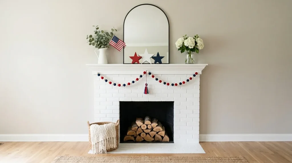4th July patriotic mantel decor with red white blue felt ball garland, three wooden stars, black arched mirror, American flag and white hydrangeas on clean white brick fireplace