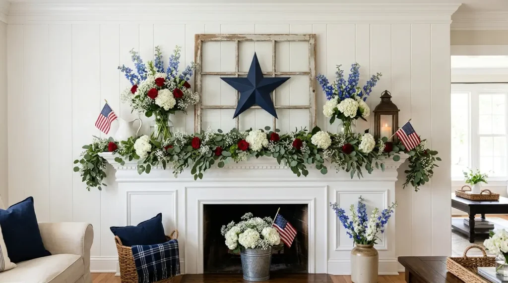 4th July patriotic mantel decor with large navy barn star, rustic window frame, abundant floral garland, blue delphinium, white hydrangeas, red roses and American flags on white fireplace
