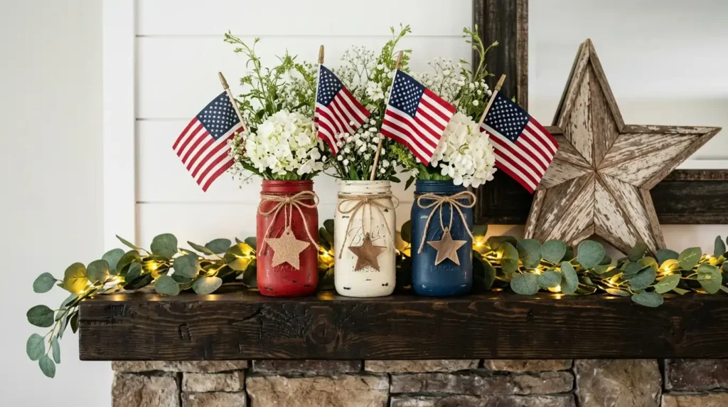 4th July patriotic mantel decor with three painted mason jars in red white and navy blue with wooden star tags, American flags, white flowers and eucalyptus garland on stone fireplace