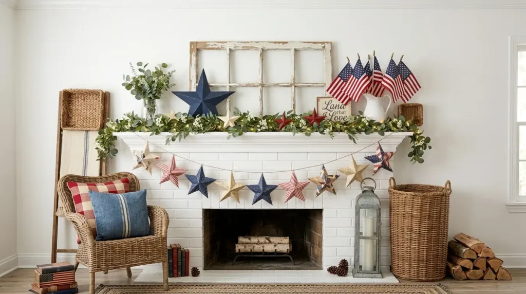 4th July patriotic mantel decor with 3D paper star garland, rustic window frame, American flags, greenery garland with fairy lights, navy barn star and white ironstone pitcher on white fireplace
