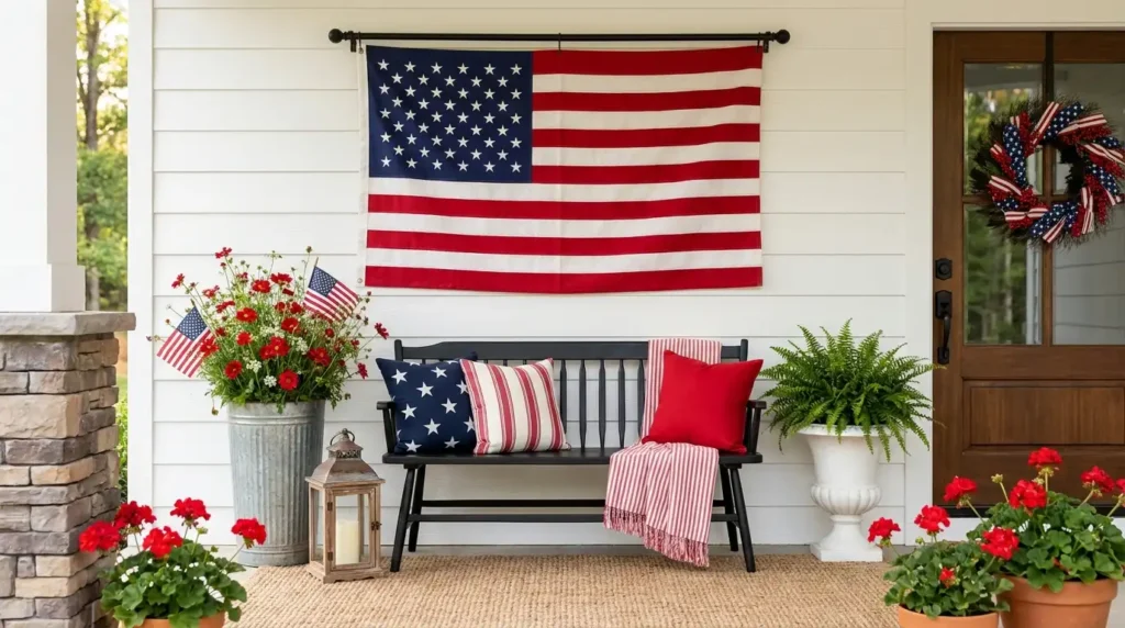 4th July patriotic porch decor with large American flag, black bench, star and stripe pillows, red flowers, and patriotic wreath on front door
