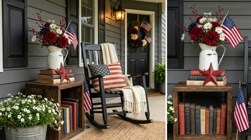4th July patriotic porch decor with black rocking chair, American flag pillow, vintage books, distressed pitcher with flowers, red barn star and patriotic wreath on black front door