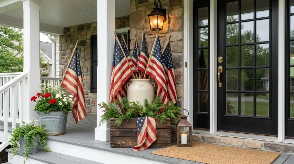 4th July patriotic porch decor with multiple aged American flags in antique crock, rustic wood crate, galvanized buckets with red flowers and greenery beside black front door