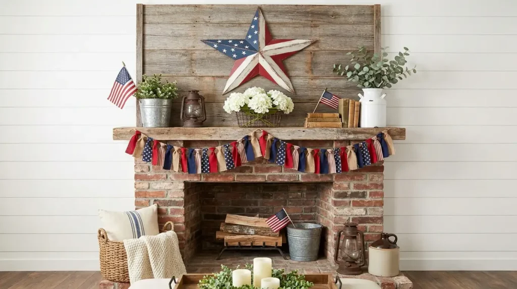 4th July patriotic mantel decor with large rustic wooden American flag star, fabric rag garland, galvanized buckets, white hydrangeas and American flags on antique brick fireplace