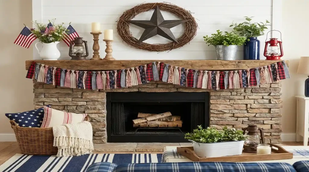 4th July patriotic mantel decor with rustic barn star grapevine wreath, fabric rag garland, wooden candlesticks, American flags, navy pitcher and galvanized bucket on stone fireplace