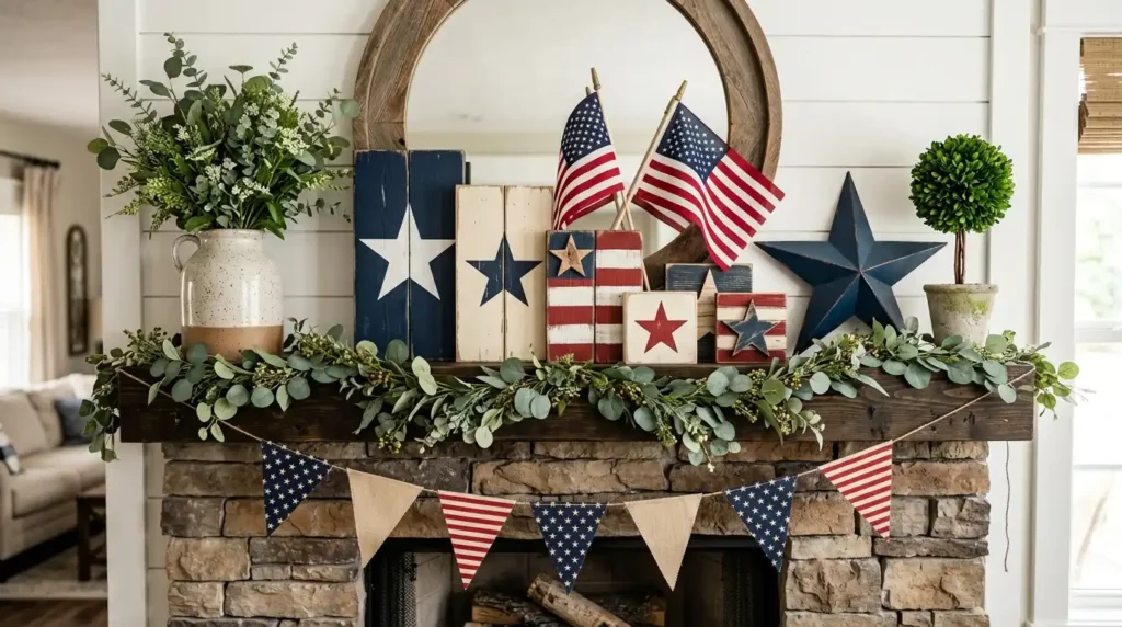 4th July patriotic mantel decor with distressed painted wood star blocks, fabric pennant banner, eucalyptus garland, American flags, navy barn star and round wood mirror on stone fireplace