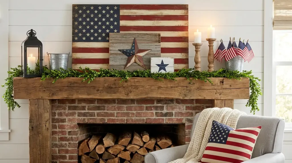4th July patriotic mantel decor with large rustic reclaimed wood American flag art, barn stars, wooden candlesticks, black lantern, and green garland on brick fireplace