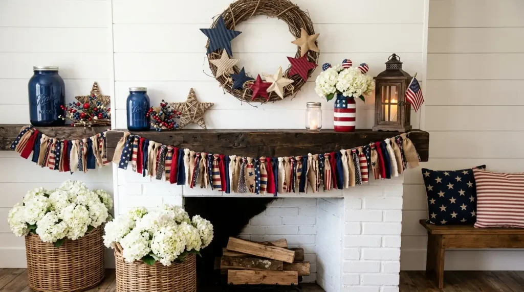 4th July patriotic mantel decor with large star twig wreath, fabric rag garland, mason jar candle, flag painted mason jar, glitter star, navy blue jar and rustic lantern on wood beam mantle