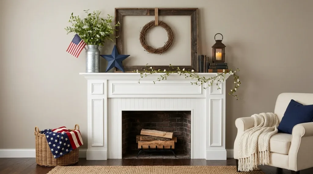 4th July patriotic mantel decor with twig wreath in rustic wood frame, galvanized vase with greenery, navy barn star, American flag, trailing garland and lantern on white fireplace