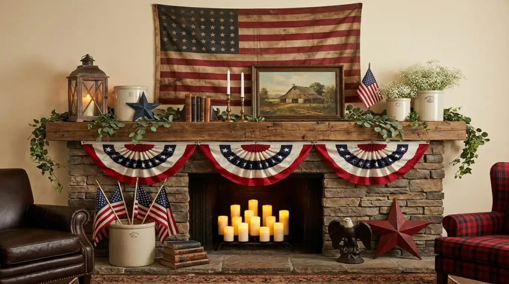 4th July patriotic mantel decor with large aged American flag, vintage bunting swag, brass candlesticks, antique books, eagle figurine and candles inside stone fireplace