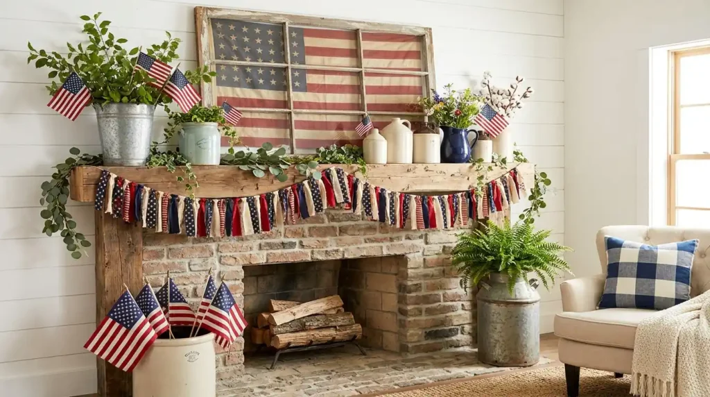 4th July patriotic mantel decor with vintage American flag, fabric rag garland, galvanized buckets, antique crocks, cotton stems and American flags on rustic wood mantle