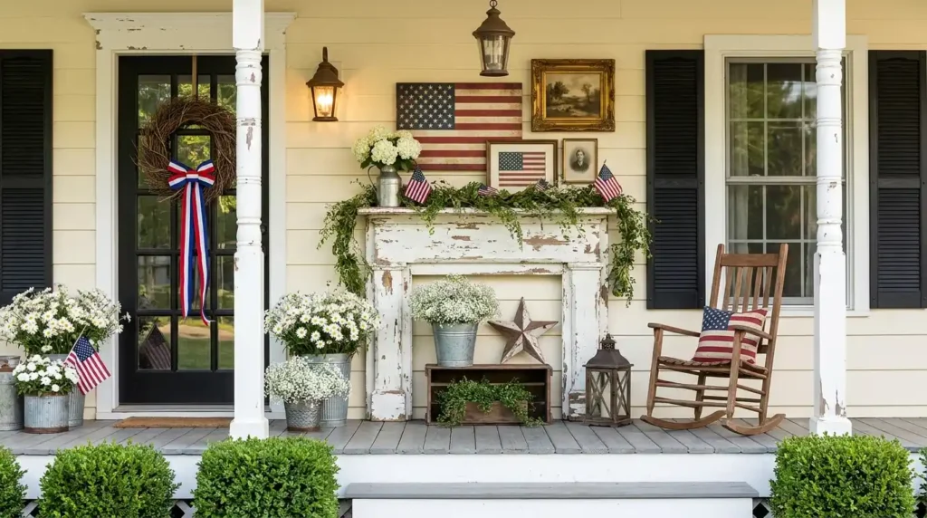 4th July patriotic porch decor with chippy white vintage mantle, gallery wall of American flag art and antique frames, greenery garland, white flowers and rustic lanterns