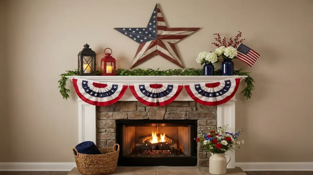 4th July patriotic mantel decor with large wooden star, red white blue bunting, lanterns, candles, and white flowers on stone fireplace