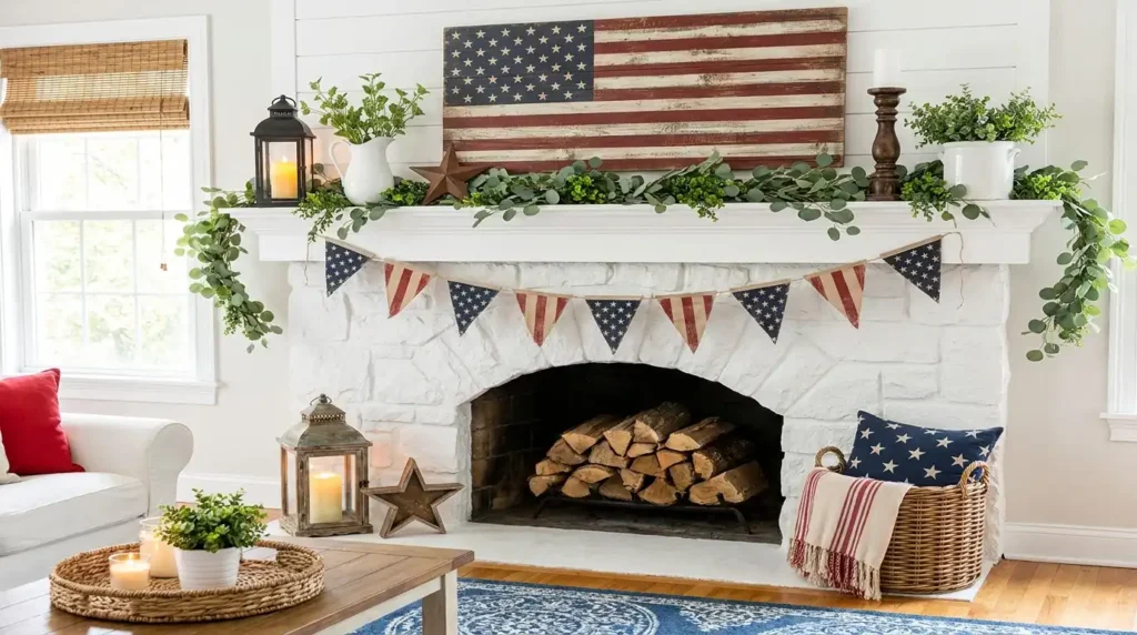 4th July patriotic mantel decor with rustic wood American flag art, star and stripe pennant banner, greenery, lanterns, white candles and wicker baskets on white stone fireplace
