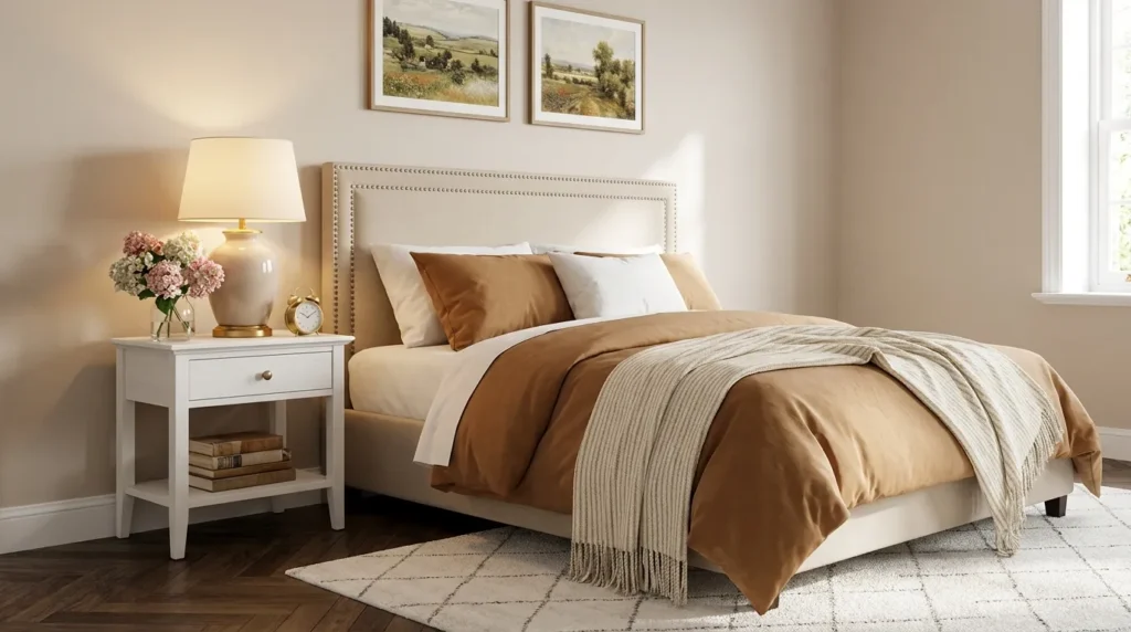 Warm bedroom designs caramel brown classic style with nailhead headboard, white bedside table, ceramic lamp and landscape wall art