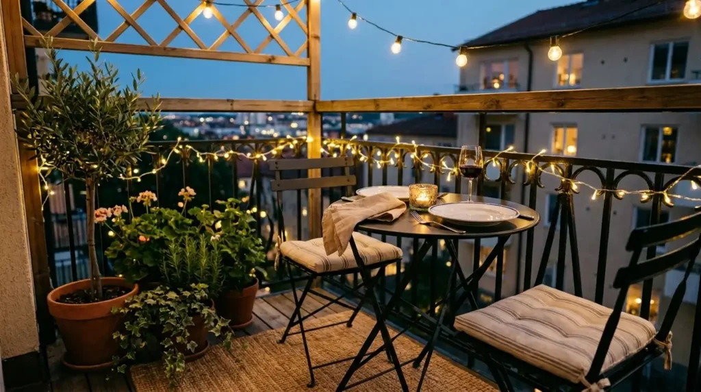 Intimate outdoor dining area on a balcony featuring a black folding bistro table and chairs, with warm fairy lights draped around the railing and overhead at twilight.