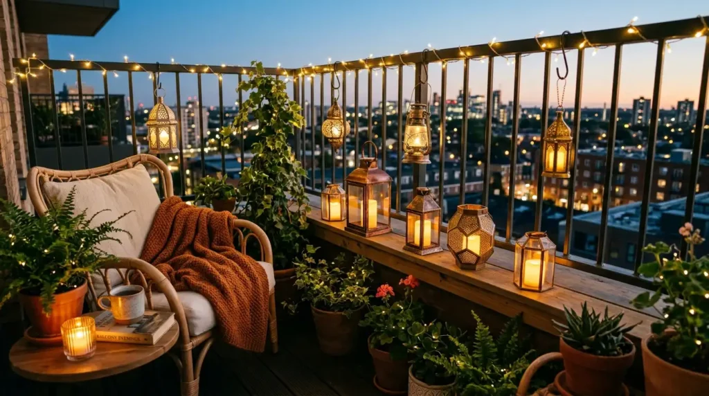 Cozy balcony design featuring a combination of warm string lights and decorative lanterns with LED candles at twilight.