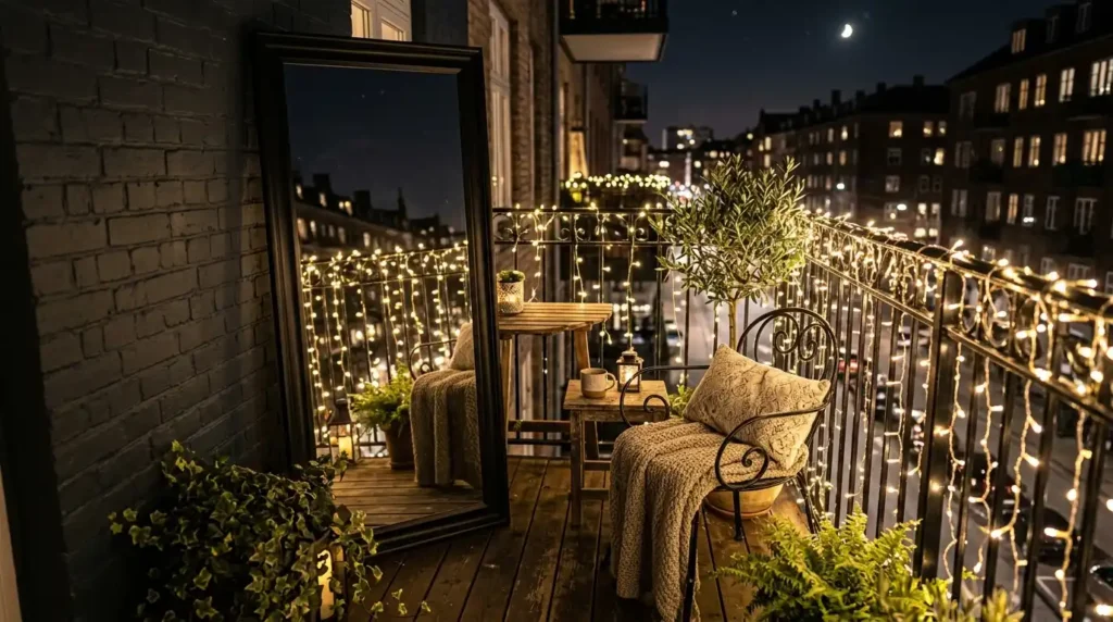 A cozy balcony at night featuring a large mirror that reflects warm fairy lights, making the small outdoor space feel larger and more inviting.