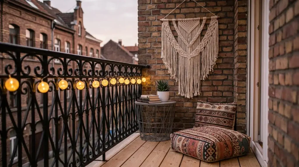 Charming Fairy Light Balcony Designs - Small bohemian 
apartment balcony at twilight with warm golden globe 
fairy string lights wrapped around black wrought iron 
railing, large cream macrame wall hanging on brick 
wall, round wire side table with stacked books and 
green succulent, boho ethnic printed floor cushions 
on natural wooden plank floor, and blurred European 
style buildings in soft grey evening sky background.