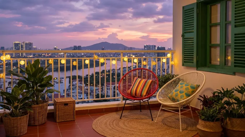 Charming Fairy Light Balcony Designs - Colorful 
apartment balcony at sunset twilight with warm golden 
globe string bulb lights draped along white railing 
wall, red and white Acapulco chairs with colorful 
striped and yellow teal pillows, round jute rug, 
large green plants in wicker basket planters, 
terracotta tile floor, green wooden shuttered windows, 
and stunning city skyline with river mountain 
silhouette and dramatic purple pink orange sunset 
sky in the background.