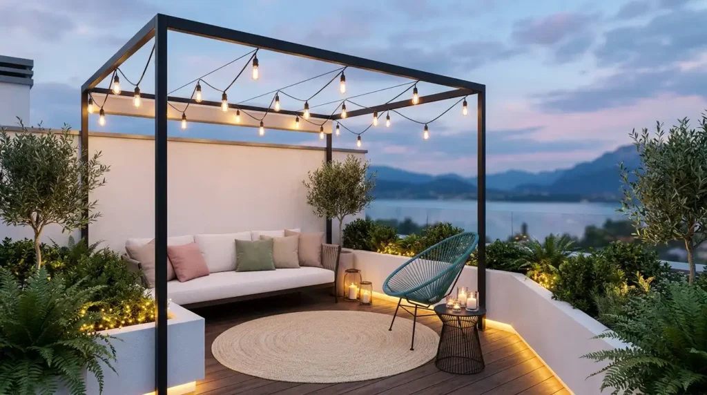 Charming Fairy Light Balcony Designs - Modern rooftop 
balcony at twilight with vintage Edison string bulb 
lights hanging in zigzag pattern on black metal 
pergola frame, white outdoor sofa with pink and green 
cushions, teal Acapulco chair, round black wire side 
table with candles, lush green plants in white 
planters, warm fairy lights glowing on dark wooden 
deck floor, and stunning lake and mountain view in 
soft blue pink twilight sky background.