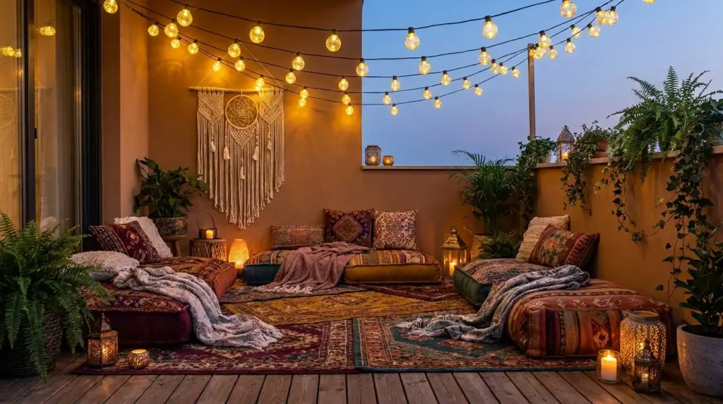 Charming Fairy Light Balcony Designs - Bohemian 
glamping inspired apartment balcony at twilight 
with warm golden globe string bulb lights hanging 
overhead in canopy style, large oversized floor 
cushions and poufs in deep burgundy mustard orange 
and teal with ethnic boho printed patterns, layered 
geometric tribal print rug on natural wooden deck 
floor, small decorative lanterns and candles, 
colorful patterned throw blankets, macrame wall 
hanging, trailing green plants in corners, creating 
a cozy multi layered glamping atmosphere.