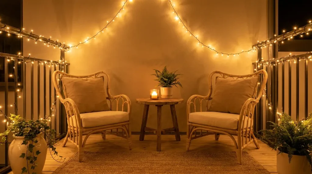 Charming Fairy Light Balcony Designs - Small cozy 
apartment balcony at night with warm golden fairy 
string lights wrapped around railings, two cream 
beige rattan chairs with tan cushions, small round 
wooden table with glowing candle, neutral colored 
walls bathed in warm golden amber light, cream 
plant pots with trailing green plants, and natural 
jute rug on light wooden floor.
