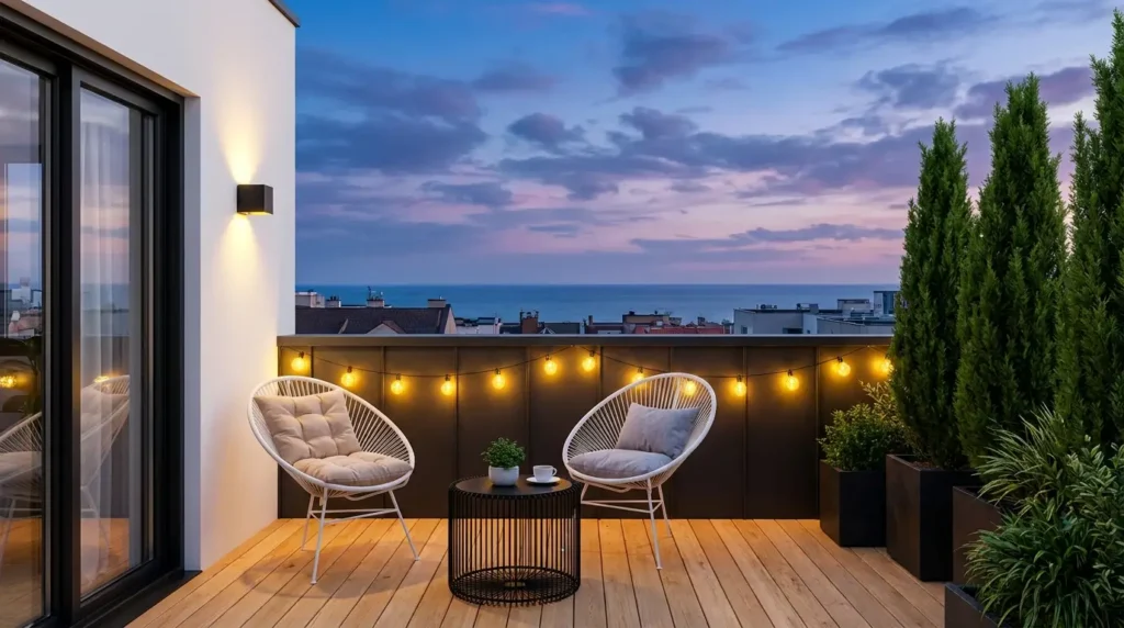 Charming Fairy Light Balcony Designs - Modern 
rooftop apartment balcony at twilight with warm 
golden globe string bulb lights draped along dark 
railing wall, two white Acapulco chairs with beige 
and grey cushions, round black wire side table with 
green plant and coffee cup, tall cypress trees in 
dark square raised planters, modern wall sconce 
light on white wall, warm wooden deck floor, and 
stunning ocean sea view with dramatic blue purple 
pink twilight sky in background.