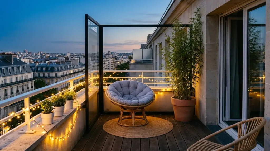 Charming Fairy Light Balcony Designs - Modern 
apartment rooftop balcony at twilight with warm 
golden fairy string lights draped along white 
railing wall, round natural rattan chair with grey 
cushion, small woven jute rug, tall bamboo plant 
in terracotta pot, small green plants in white 
planters, dark wooden deck floor, and stunning 
European city skyline with deep blue twilight sky 
in the background.

