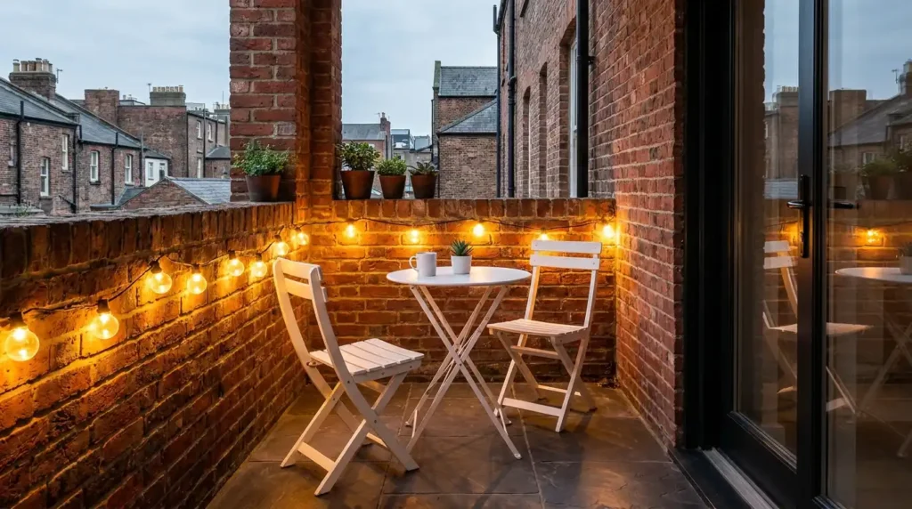 Charming Fairy Light Balcony Designs - Small narrow 
apartment balcony at dusk with warm golden globe 
string bulb lights draped along red exposed brick 
walls, small round white folding bistro table with 
two white wooden folding chairs facing each other, 
white ceramic mug and green succulent plant on 
table, small potted plants on brick railing ledge, 
dark grey stone tile floor, black framed glass door 
on right side, and urban city rooftops with soft 
grey blue dusk sky in background.